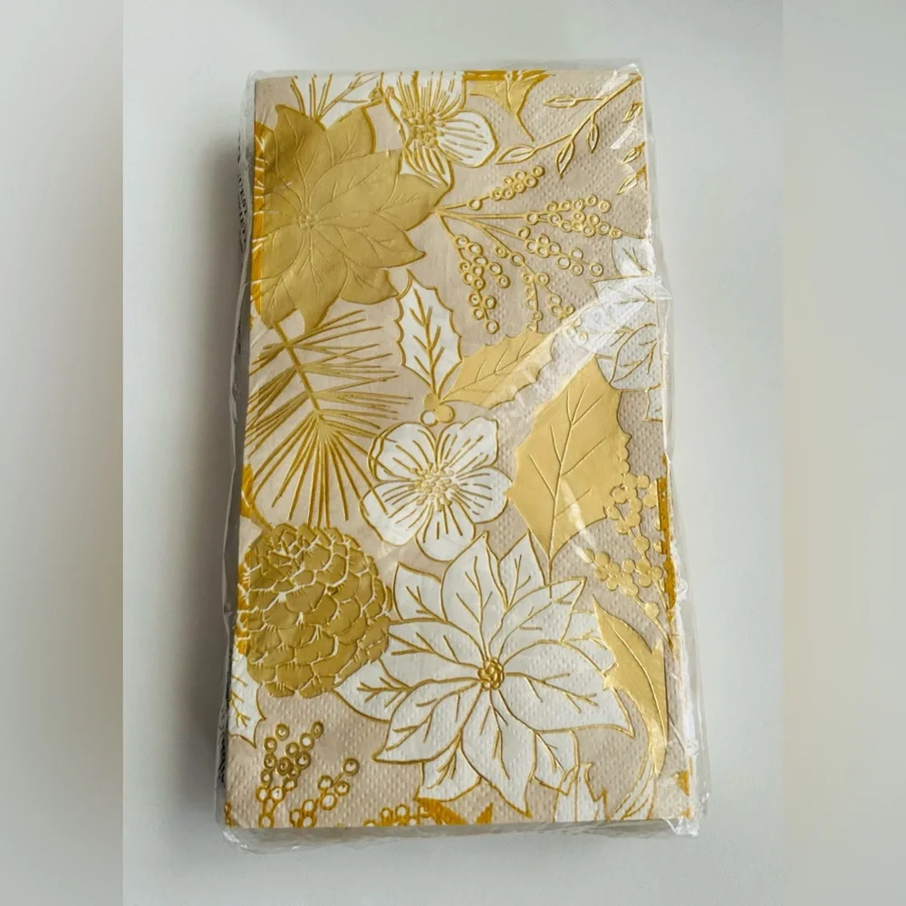 New Punch Studio Guest Towels Napkins Gold Foil White Flowers Leaves 8